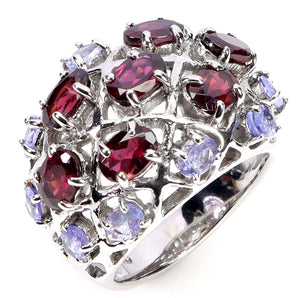 925 Sterling Silver Ring Oval Rhodolite Garnet Tanzanite Gemstone Jewelry Size 8