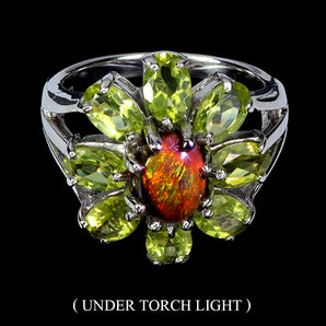925 Sterling Silver Ring Oval Black Opal 8x6mm Peridot Gemstone Jewelry Size 8