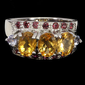 925 Sterling Silver Ring Oval Citrine Rhodolite Tanzanite Gemstone Jewelry 8.5