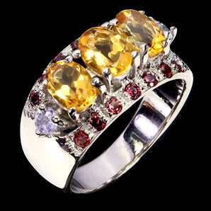 925 Sterling Silver Ring Oval Citrine Rhodolite Tanzanite Gemstone Jewelry 8.5