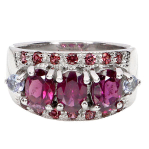 925 Sterling Silver Ring Oval Rhodolite Garnet Tanzanite Gemstone Jewelry Size 9