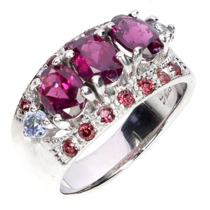 925 Sterling Silver Ring Oval Rhodolite Garnet Tanzanite Gemstone Jewelry Size 9