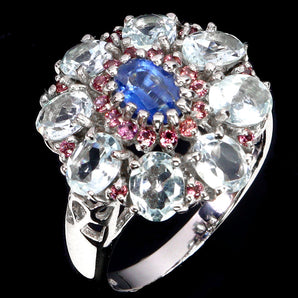 925 Sterling Silver Ring Oval Kyanite Aquamarine Rhodolite Gemstone Jewelry 7