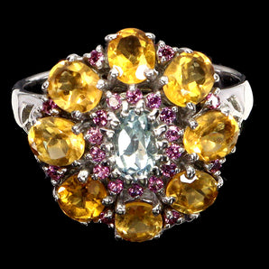 925 Sterling Silver Ring Oval Blue Topaz Citrine Rhodolite Gemstone Jewelry Sz 9