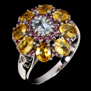 925 Sterling Silver Ring Oval Blue Topaz Citrine Rhodolite Gemstone Jewelry Sz 9