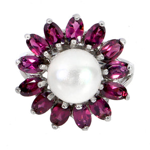 925 Sterling Silver Ring Oval Rhodolite Garnet 5x3mm Pearl Gemstone Jewelry Sz 8