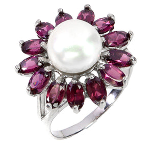 925 Sterling Silver Ring Oval Rhodolite Garnet 5x3mm Pearl Gemstone Jewelry Sz 8