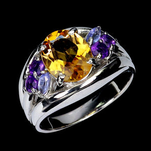 925 Sterling Silver Ring Oval Citrine 10x8mm Tanzanite Gemstone Jewelry Size 9