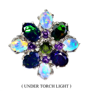 925 Sterling Silver Ring Oval Black Opal Amethyst Fire Opal Gemstone Jewelry 9