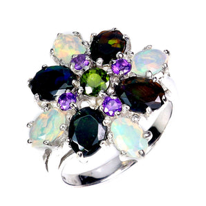 925 Sterling Silver Ring Oval Black Opal Amethyst Fire Opal Gemstone Jewelry 9