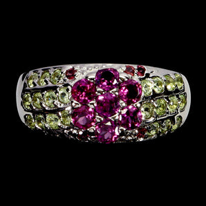 925 Sterling Silver Ring Oval Rhodolite Garnet Peridot Gemstone Jewelry Sz 8.5