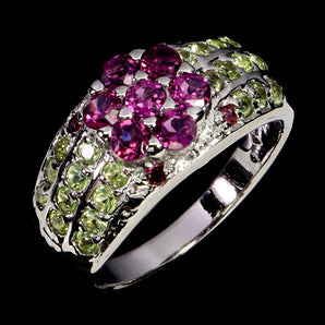 925 Sterling Silver Ring Oval Rhodolite Garnet Peridot Gemstone Jewelry Sz 8.5