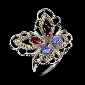 925 Sterling Silver Ring Marquise Rhodolite Sapphire Butterfly Gemstone Size 8