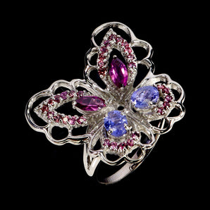 925 Sterling Silver Ring Marquise Rhodolite Tanzanite Butterfly Gemstone Size 7