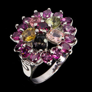 925 Sterling Silver Ring Oval Tourmaline Rhodolite Garnet Gemstone Jewelry Sz 8