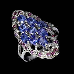 925 Sterling Silver Ring Oval Tanzanite 5x3mm Rhodolite Garnet Gemstone Size 9