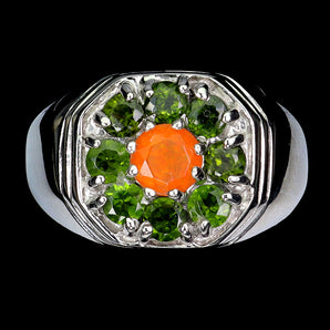 925 Sterling Silver Ring Round Orange Opal Chrome Diopside Gemstone Jewelry Sz 9