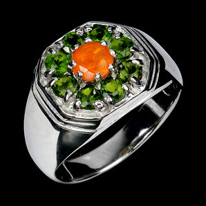 925 Sterling Silver Ring Round Orange Opal Chrome Diopside Gemstone Jewelry Sz 9