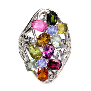 925 Sterling Silver Ring Oval Tourmaline Tanzanite Flower Gemstone Jewelry 8.5