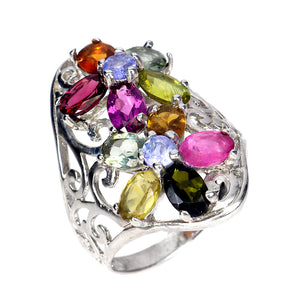 925 Sterling Silver Ring Oval Tourmaline Tanzanite Flower Gemstone Jewelry 8.5
