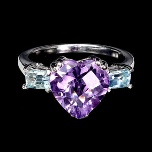 925 Sterling Silver Ring Heart Amethyst 10mm Sky Blue Topaz Gemstone Jewelry 9