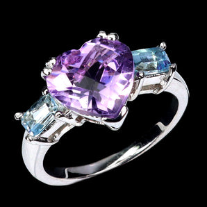 925 Sterling Silver Ring Heart Amethyst 10mm Sky Blue Topaz Gemstone Jewelry 9