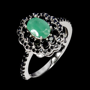 925 Sterling Silver Ring Oval Emerald 7x5mm Spinel Gemstone Jewelry Size 7