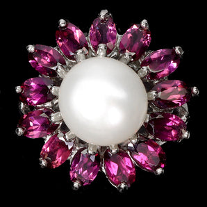 925 Sterling Silver Ring Oval Rhodolite Garnet 5x3mm Pearl Gemstone Jewelry Sz 8