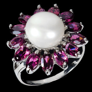 925 Sterling Silver Ring Oval Rhodolite Garnet 5x3mm Pearl Gemstone Jewelry Sz 8