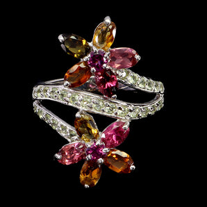925 Sterling Silver Ring Oval Tourmaline Peridot Rhodolite Gemstone Jewelry Sz 8