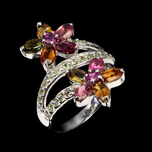 925 Sterling Silver Ring Oval Tourmaline Peridot Rhodolite Gemstone Jewelry Sz 8