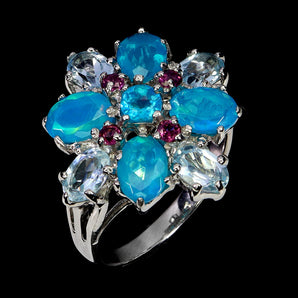 925 Sterling Silver Ring Oval Blue Opal Sky Blue Topaz Gemstone Jewelry Size 9