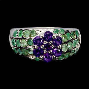 925 Sterling Silver Ring Round Amethyst Emerald Natural Gemstone Jewelry Size 8