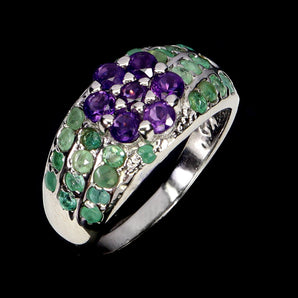925 Sterling Silver Ring Round Amethyst Emerald Natural Gemstone Jewelry Size 8