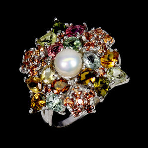925 Sterling Silver Ring Pear Tourmaline 4x3mm Sapphire Pearl Gemstone Jewelry 8