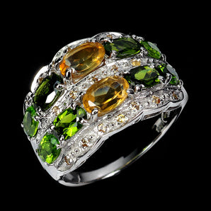 925 Sterling Silver Ring Oval Citrine 6x4mm Chrome Diopside Gemstone Jewelry 7