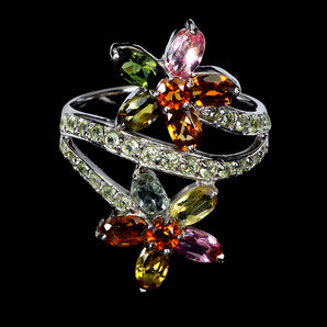 925 Sterling Silver Ring Oval Tourmaline Citrine Peridot Gemstone Jewelry Size 7