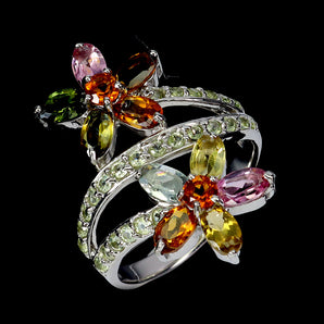 925 Sterling Silver Ring Oval Tourmaline Citrine Peridot Gemstone Jewelry Size 7