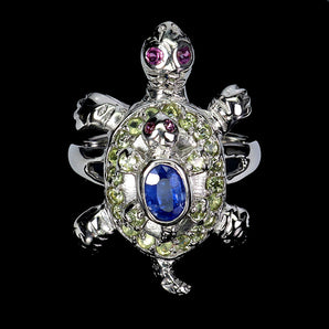 925 Sterling Silver Ring Oval Kyanite 6x4mm Peridot Turtle Gemstone Jewelry Sz 9