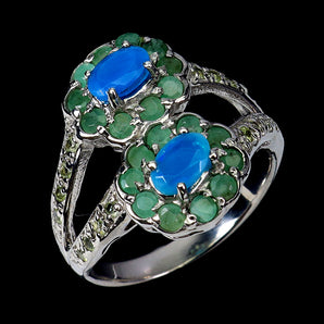 925 Sterling Silver Ring Oval Blue Opal 6x4mm Emerald Peridot Gemstone Jewelry 9