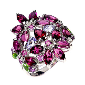 925 Sterling Silver Ring Pear Rhodolite Garnet 6x4mm Tanzanite Gemstone Size 8.5