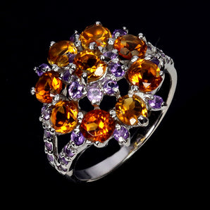 925 Sterling Silver Ring Round Citrine 4mm Amethyst Gemstone Jewelry Size 7