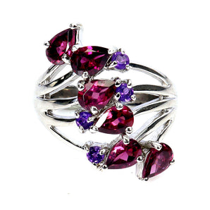 925 Sterling Silver Ring Pear Rhodolite Garnet 6x4mm Amethyst Gemstone Jewelry 9