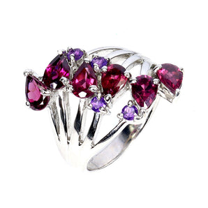 925 Sterling Silver Ring Pear Rhodolite Garnet 6x4mm Amethyst Gemstone Jewelry 9