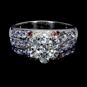 925 Sterling Silver Ring Round Aquamarine Tanzanite Gemstone Jewelry Size 8.5