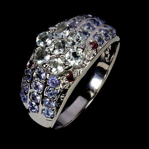 925 Sterling Silver Ring Round Aquamarine Tanzanite Gemstone Jewelry Size 8.5
