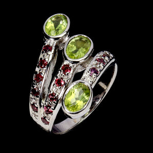925 Sterling Silver Ring Oval Peridot 6x4mm Rhodolite Garnet Gemstone Jewelry 7