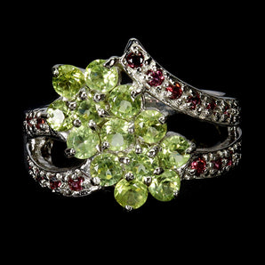 925 Sterling Silver Ring Round Peridot Rhodolite Garnet Gemstone Jewelry Size 7