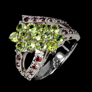 925 Sterling Silver Ring Round Peridot Rhodolite Garnet Gemstone Jewelry Size 7