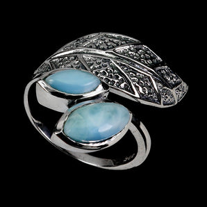 925 Sterling Silver Ring Marquise Larimar Marcasite Gemstone Jewelry Size 6